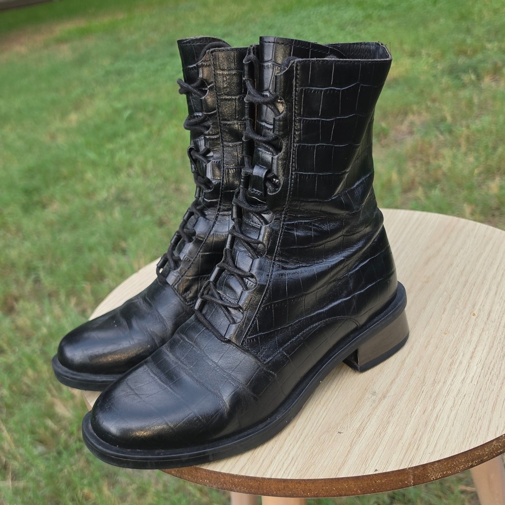 Staccato Black Croc Embossed Leather Combat Boots Metallic Block Heel Size 37